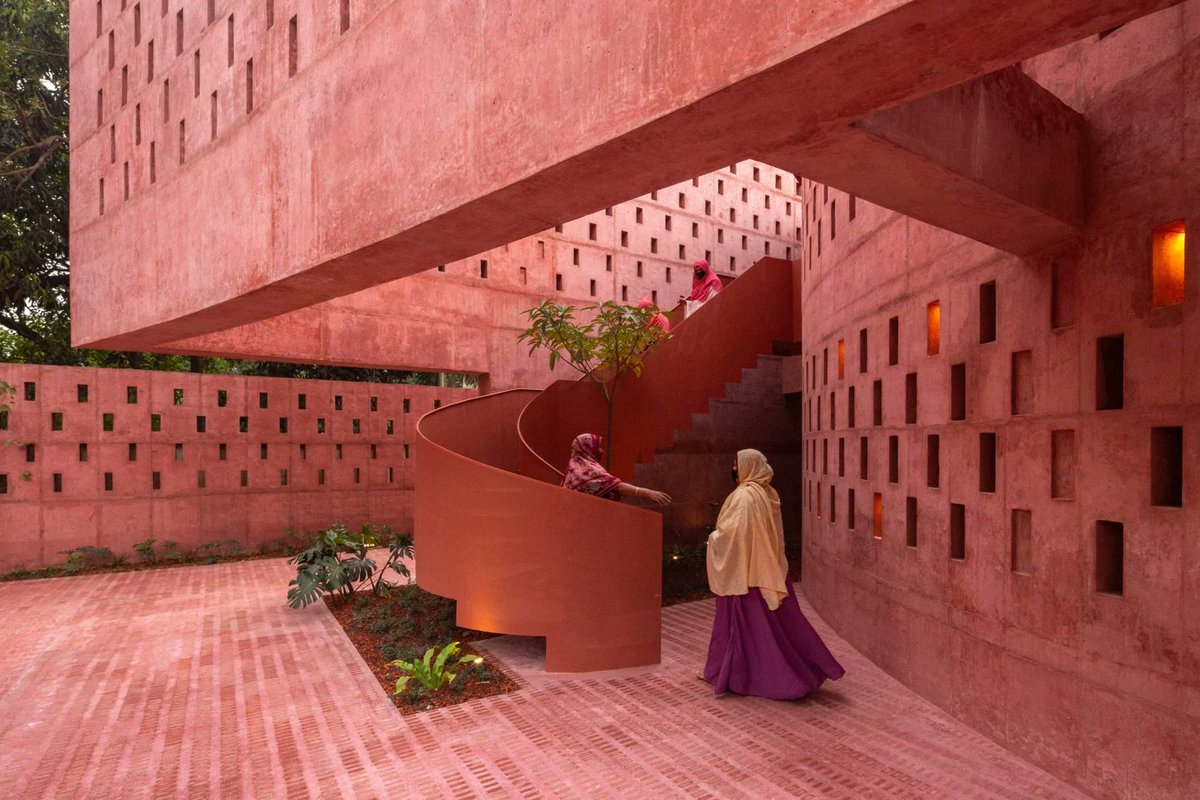 This new Mosque in Dhaka is captivating. It's amazing what's been achieved with a little bit of flourish (pink concrete here), and a novel window program. While not a big structure, it makes a big statement!