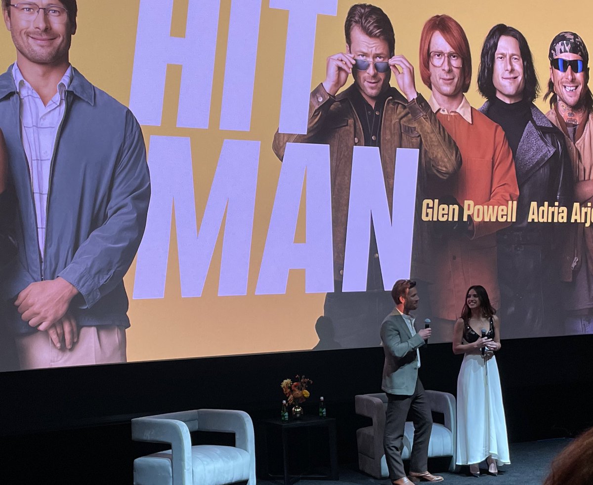Glen Powell and Adria Arjona introducing #HitMan tonight.