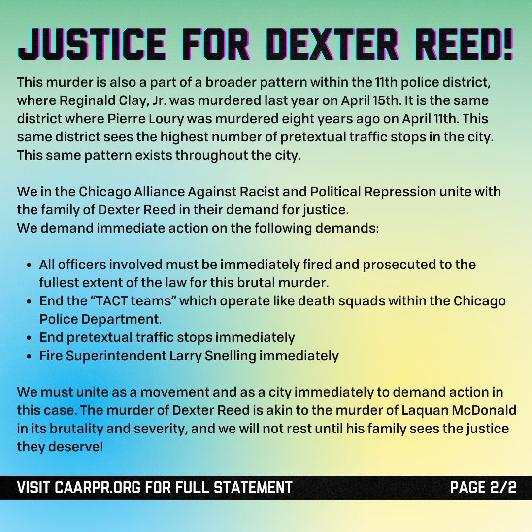 USPCN-Chicago has the honor of being a long-time member & partner of @CAARPRNow, and we support & share its official statement on the Chicago police murder of Dexter Reed. Read here: caarpr.org/statements. #Justice4DexterReed #StopPoliceCrimes #BlackPalestinianSolidarity