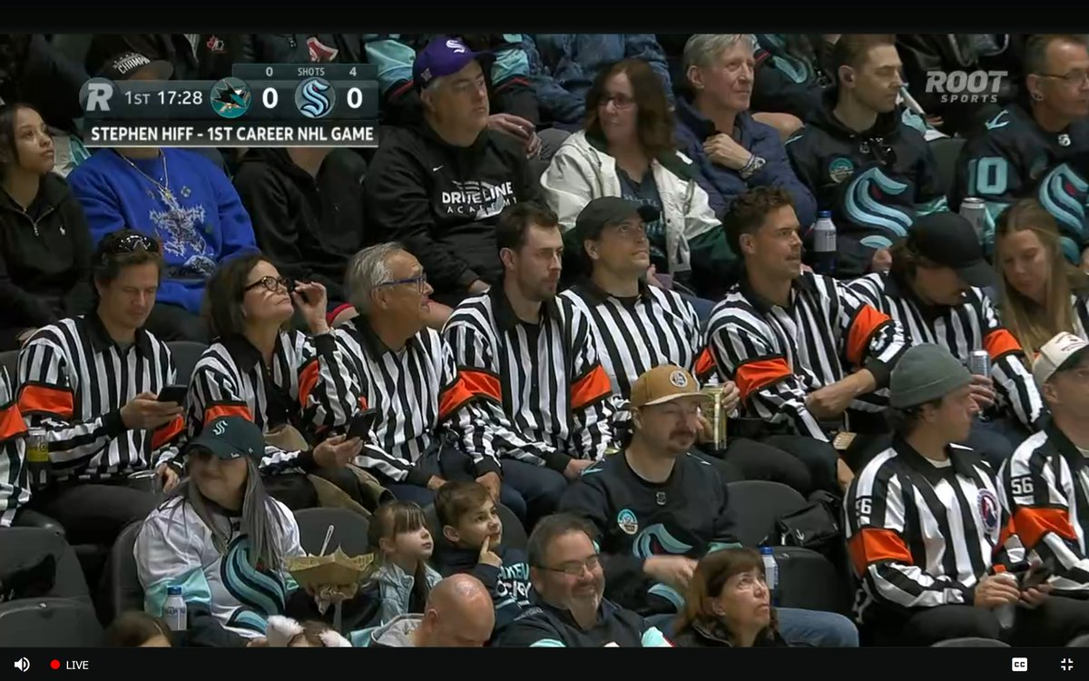 Referee Stephen Hiff is doing his first NHL game tonight and his family and friends are here, all dressed as referees. 😂