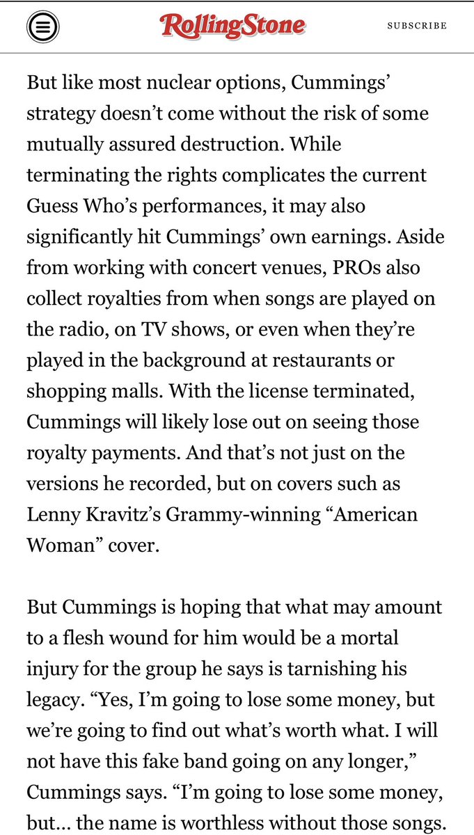 This is nuts (and, frankly, a long time coming): Burton Cummings has pulled the performance license on the Guess Who catalog all so he can stop a group touring under that name with (almost) no original members. He’s losing royalties but may have finally killed his nemesis.