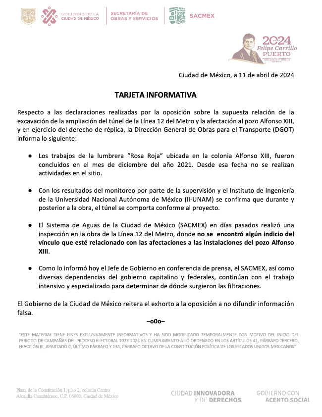 📰 | Respecto a la supuesta relación de la excavación de la ampliación del túnel de la Línea 12 del Metro y la afectación al pozo Alfonso XIII, se informa lo siguiente: