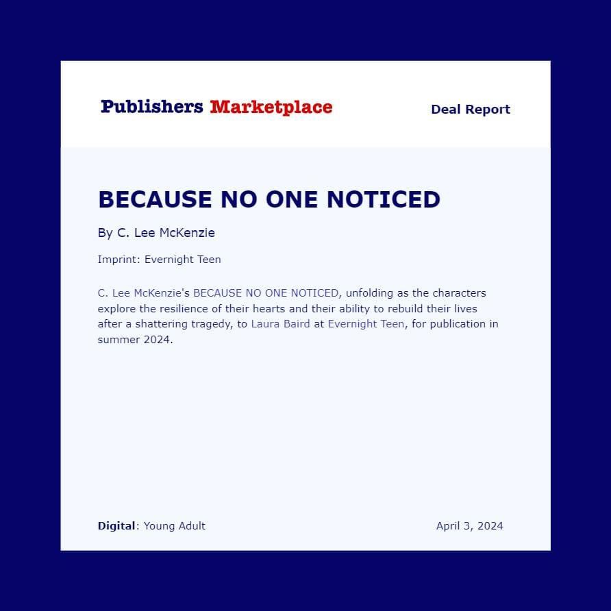 We’re excited to announce the upcoming YA title, BECAUSE NO ONE NOTICED by C. Lee McKenzie #comingsoon #teenbooks #acquisition
