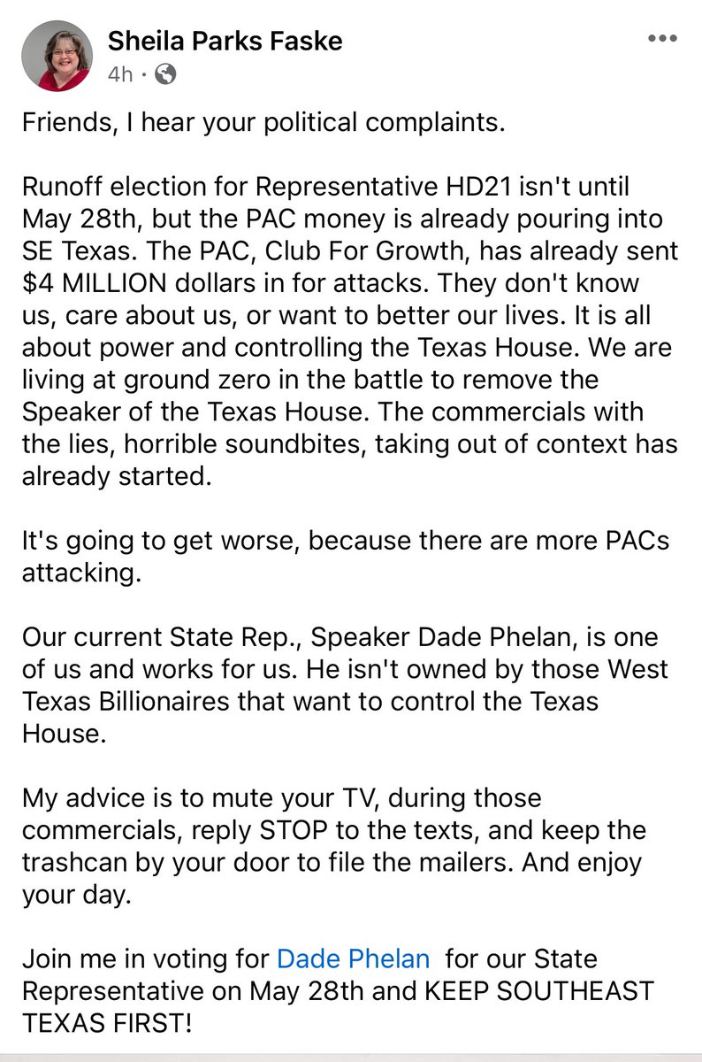 I guess part of Dade’s new strategy is encouraging people to be uninformed. He recently urged his supporters to mute their televisions during ads about him and throw away mailers just like one of his top lackeys is doing now in this below post. #txlege #DumpDade #HD21