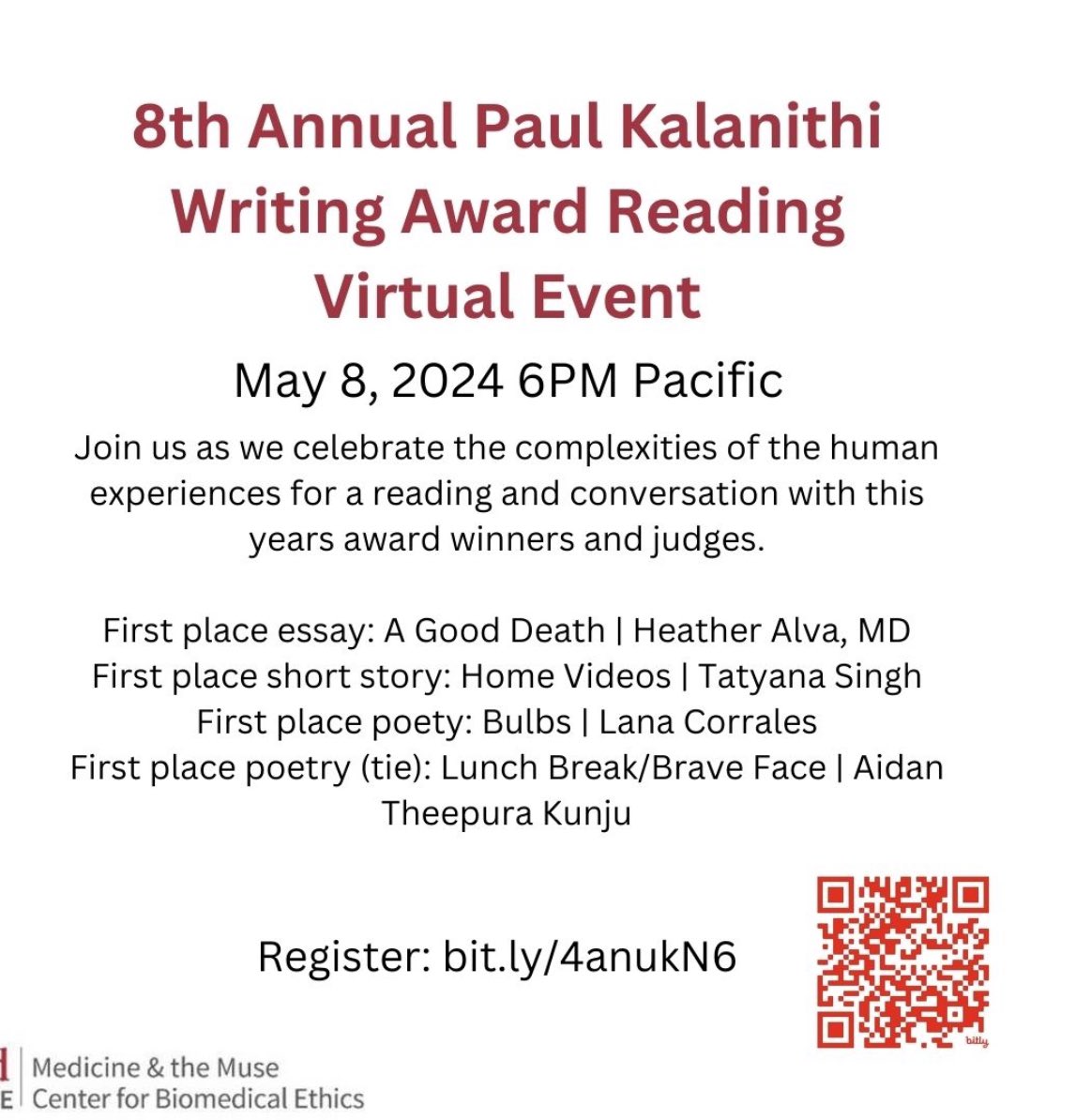 Aidan T Kunju (@aidantheepura) on Twitter photo My poem won the Paul Kalanithi writing award! Thank you <a href="/rocketgirlmd/">Lucy Kalanithi</a> <a href="/StanfordMedMuse/">Stanford Medicine & the Muse</a> !!
The link to register for the reading event on May 8th just dropped- My poem won the Paul Kalanithi writing award! Thank you <a href="/rocketgirlmd/">Lucy Kalanithi</a> <a href="/StanfordMedMuse/">Stanford Medicine & the Muse</a> !!
The link to register for the reading event on May 8th just dropped-