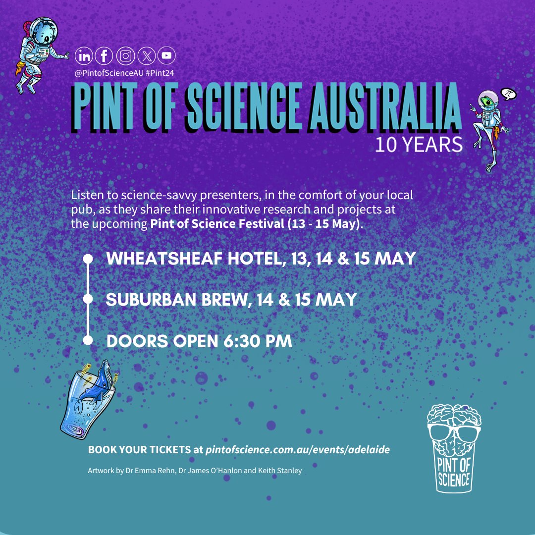 Pint of Science is coming to #adelaide 13-15 May. Join our celebrations @TheWheaty & Suburban Brew for a series of thirst quenching science topics. Tickets are less than the price of a pint ($8). pintofscience.com.au/events/adelaide #pintau24
