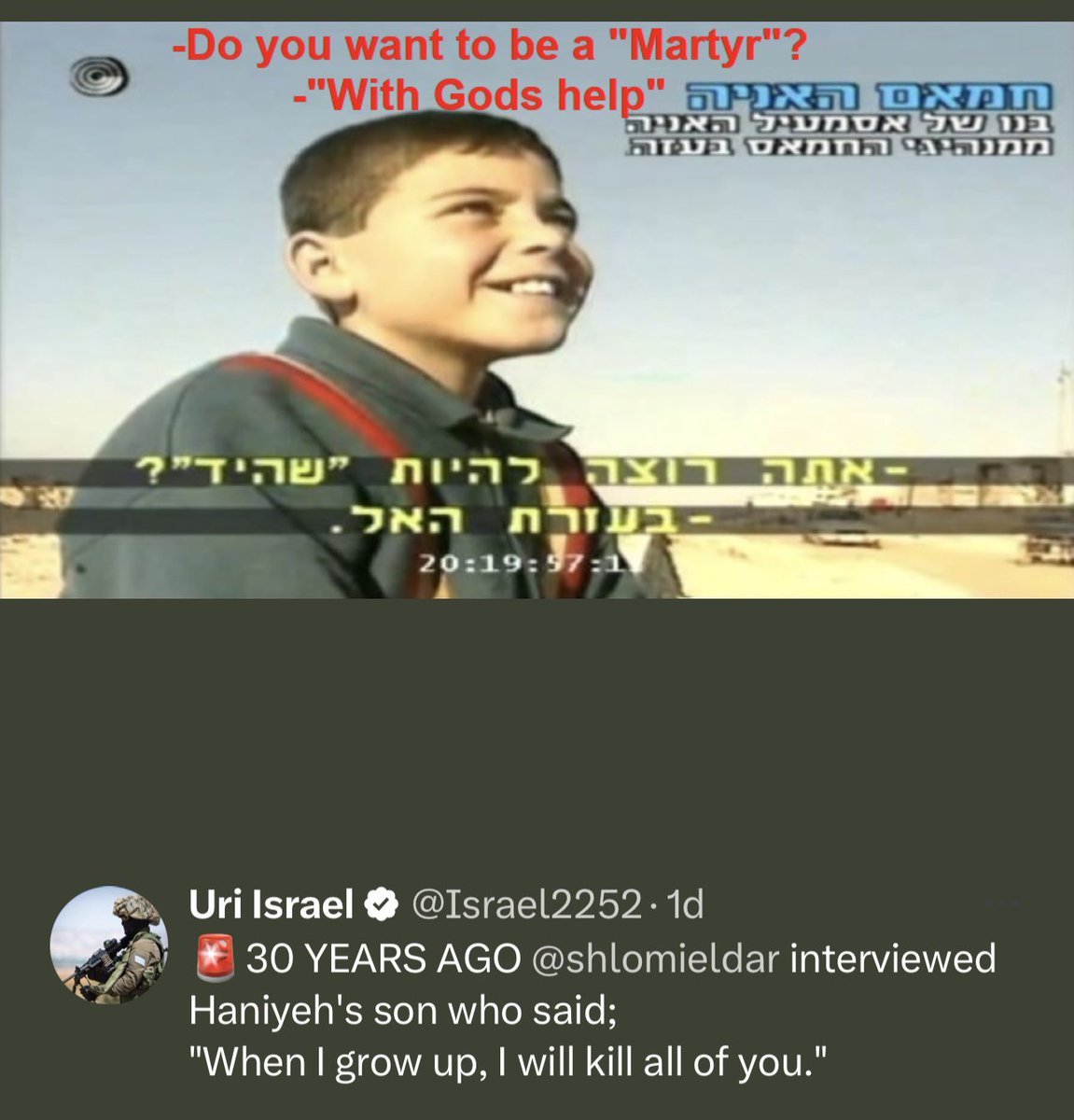 For the past few days, I’m getting hammered for saying that Haniyeh’s kids who Israel took out were terrorists. Well, the internet never forgets…Thanks for this, @Israel2252. They were terrorists and they were bringing up their kids to be terrorists. So yea, Hamas…