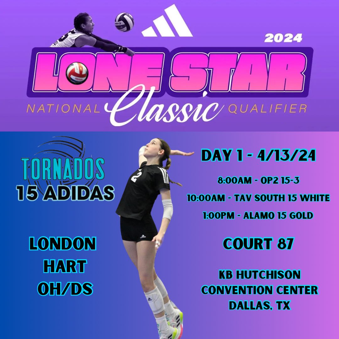 Lone Star Classic National Qualifier in Dallas this weekend! Stop by Court 87! @TexasTornadosVB #TTVB #co2026 #outsidehitter #rightside #volleyball #ds #libero #attack
