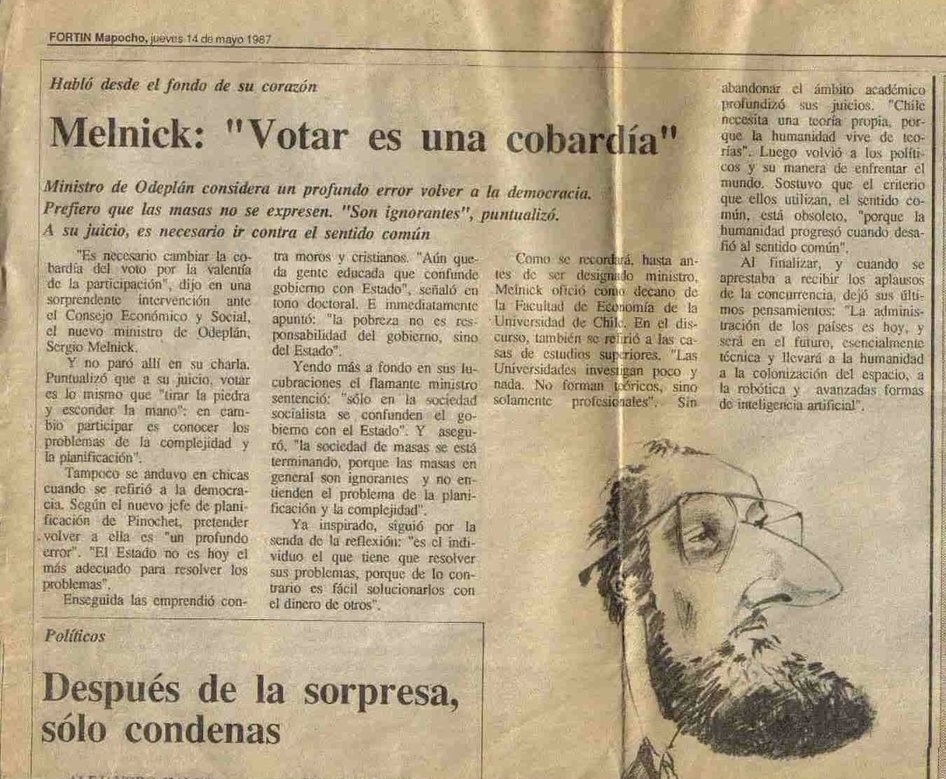 Murió el Cerdo Sergio Melnick, en el infierno debe estar ese esbirro del Dictador, que se pudra y arda mil años. Un recordatorio de previo al plebiscito del No, cuando opinó que votar era 'una cobardía'.