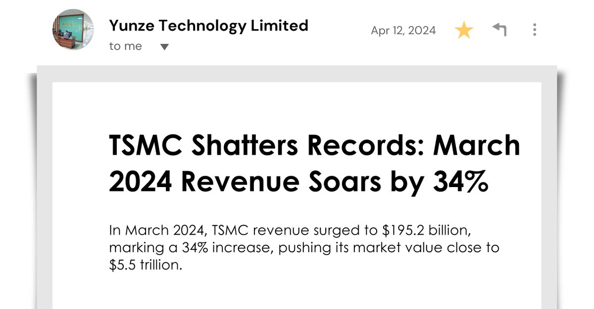 TSMC Shatters Records March 2024 Revenue Soars by 34%

🔗Read the full article: szyunze.com/tsmc-shatters-…

#TSMC #Semiconductor #Innovation #Technology #RevenueGrowth #IndustryLeaders #TechNews #FutureOfTech #BusinessExcellence #MarketTrends