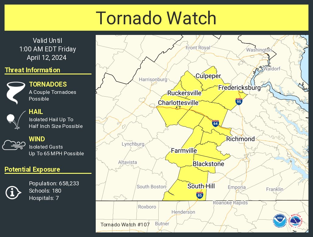 NEW: Tornado watch issued for Central Virginia, including Fredericksburg and Culpeper until 1 a.m. These storms will probably weaken by time they reach DC area but a few severe storms cannot be ruled out in the pre-dawn hours. Update: washingtonpost.com/weather/2024/0…