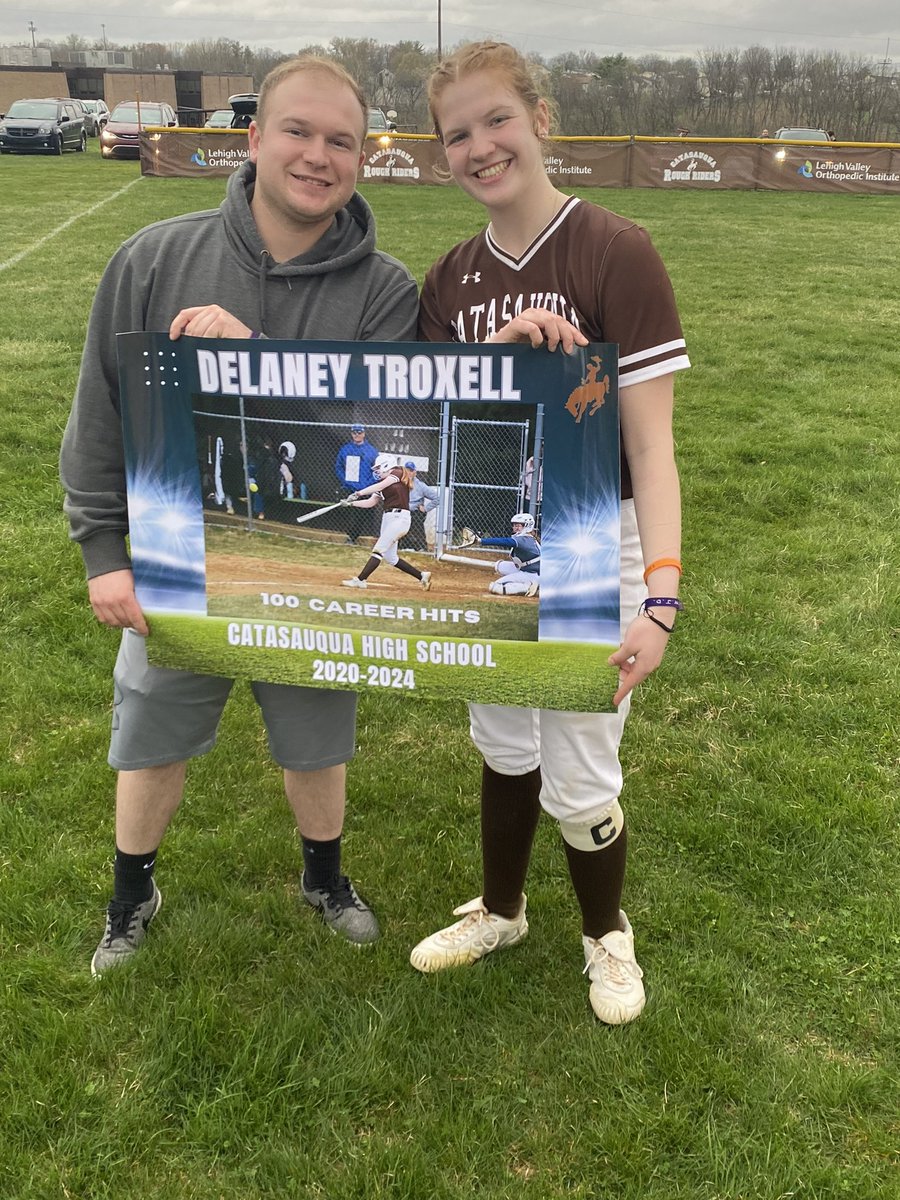 RIGHT BACK AT IT: Less than 24 hours from recording her 500th strikeout, Delaney Troxell recorded her 100th career hit. Quite a week!!! Despite the achievement- @CHSRoughRiders fell short today losing 7-2 to Pen Argyl.  @PAGreenKnights @Colonial_League @DelaneyTroxell…