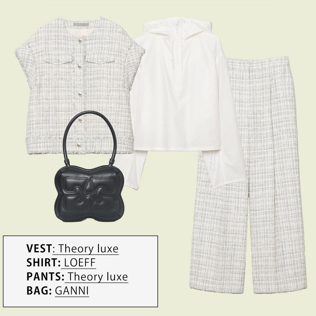 chaylikeyou897's tweet photo. 洋服のサブスク #AnotherADdress から先輩とランチコーデ🍽️
♡Theory luxe #ツイードノーカラーベスト
♡ #LOEFF #アノラックフードシャツ
♡Theory luxe #ツイードタックワイドパンツ
♡ #GANNI #Butterflyトップハンドルバッグ
#chaylikeyou897 https://t.co/hD9JSpjFik