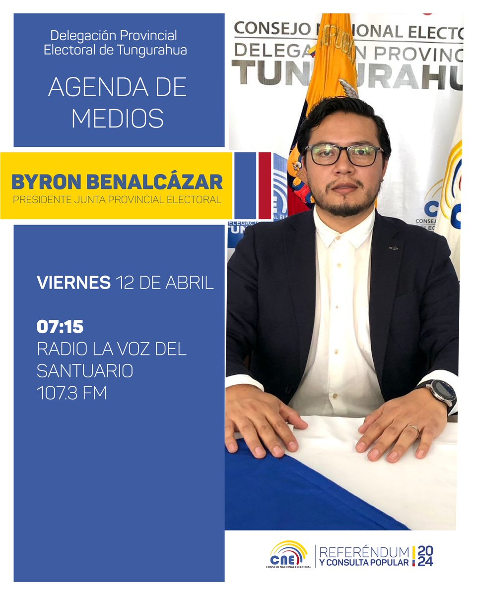 #CNEInforma 📢 | El presidente de la Junta Provincial Electoral, Byron Benalcázar, brindará entrevista en radio la Voz del Santuario 📻, para informar sobre el avance de los hitos del calendario del #ReferéndumYConsulta2024. 🗳️