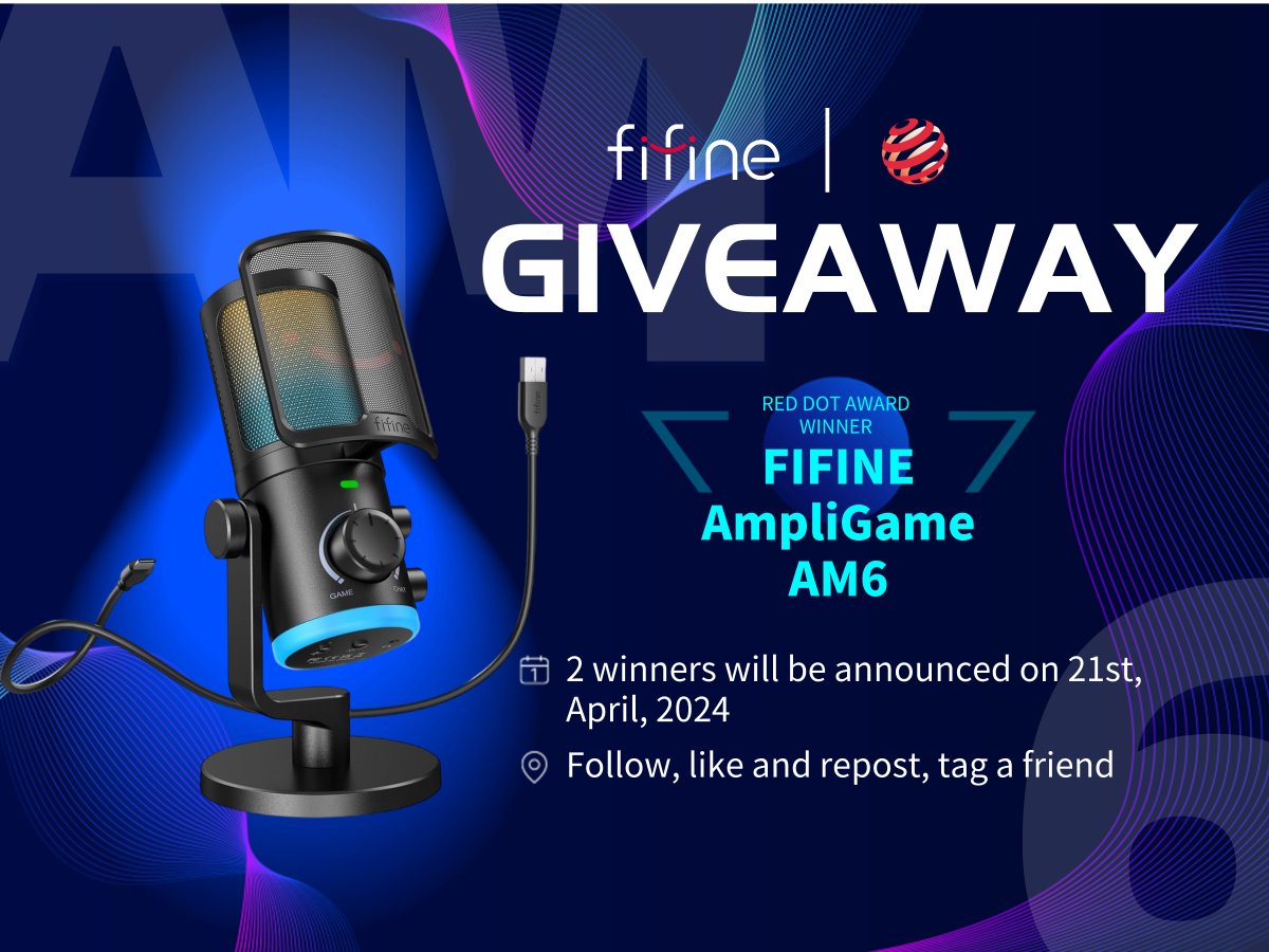 [𝐆𝐈𝐕𝐄𝐀𝐖𝐀𝐘] 🔴We are thrilled that FIFINE AmpliGame AM6 won Red Dot Design Award 2024, we can't wait to share the honor with you by giving away 2 sets of AM6! ✅Follow @FIFINEMIC 💜Like & Repost 👥Tag a friend to increase your chances of winning Ends on 21th April!