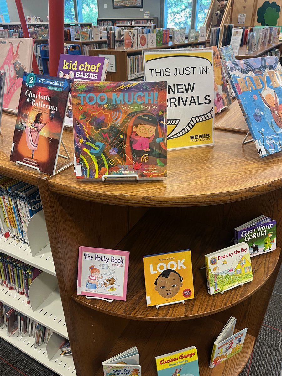 Spotted in the wild by Jessica Hesselberg at Bemis Public Library's New Arrivals shelf, it's TOO MUCH! AN OVERWHELMING DAY by @angelchangart and me! And April is #Neurodiversity Celebration month, so this is perfect timing--check it out! 🎉😍 #teachers #parents #picturebooks
