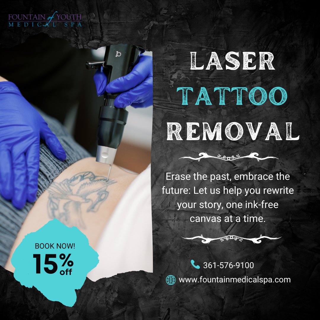 Who said tattoos were forever? At Fountain of Youth Medical Spa, Victoria, we're rewriting the rules!
Our LASER Tattoo Removal is like hitting 'undo' on life's little oopsies. 😜 
Dial 361-576-9100 or visit fountainmedicalspa.com.
#lasertattooremoval #tattooremoval #InkBeGone