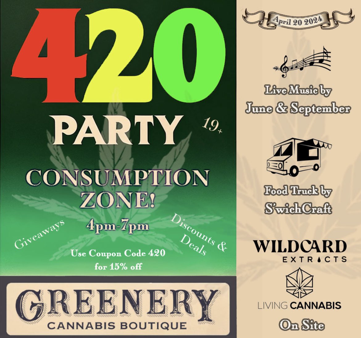 GreeneryCanna's tweet photo. Come celebrate with us in Salmon Arm this 420 from 4-7PM and enjoy the #consumptionzone!  Great food, great music, great people and great #weed! https://t.co/vBhnCMWiPE