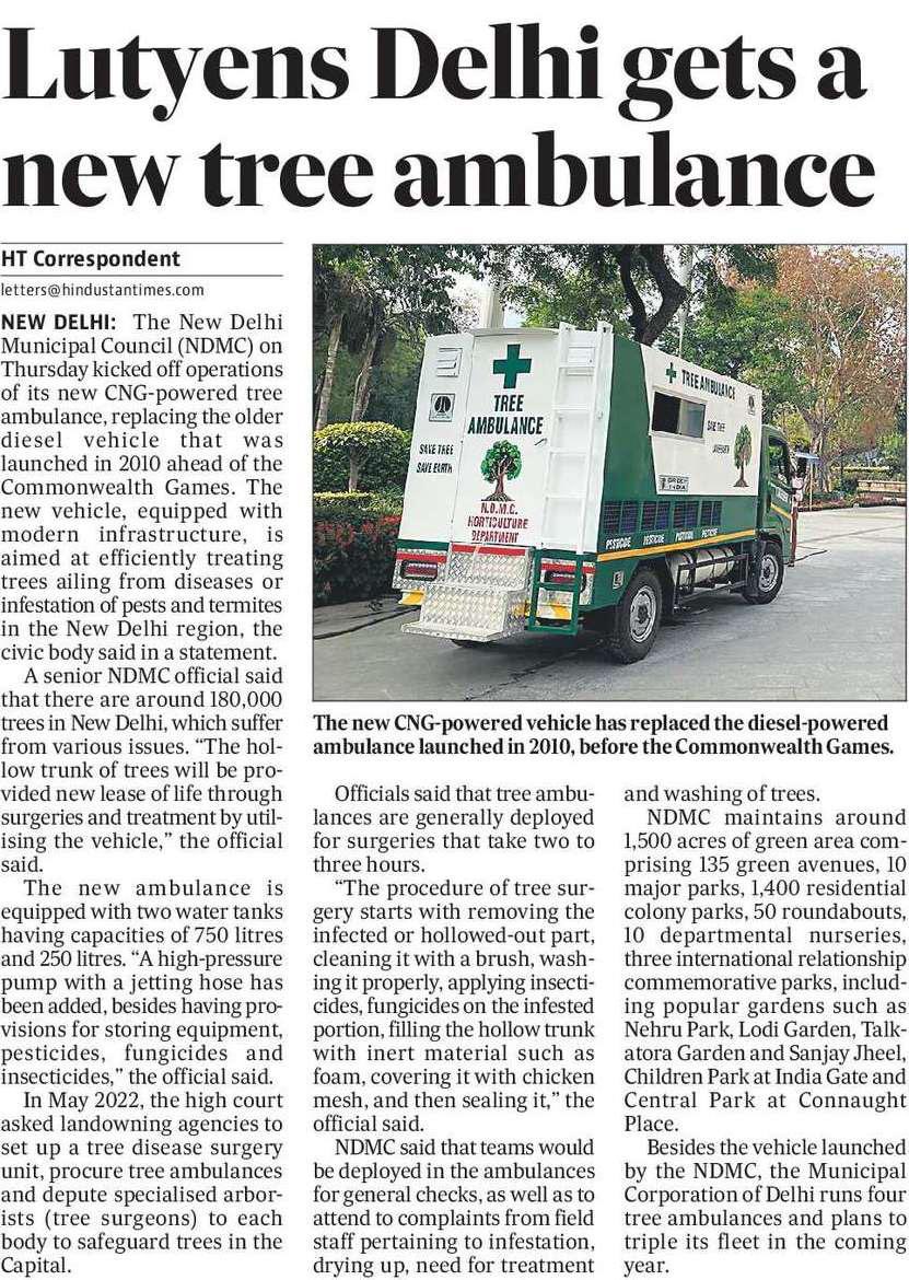 First of the 12 #TreeAmbulances as ordered by the Hon’ble High Court by 2024 arrives with @tweetndmc; Tree Ambulances are meant to treat trees for pests, diseases and hollow trunks, with dedicated teams for health assessments and addressing complaints to protect the trees💙