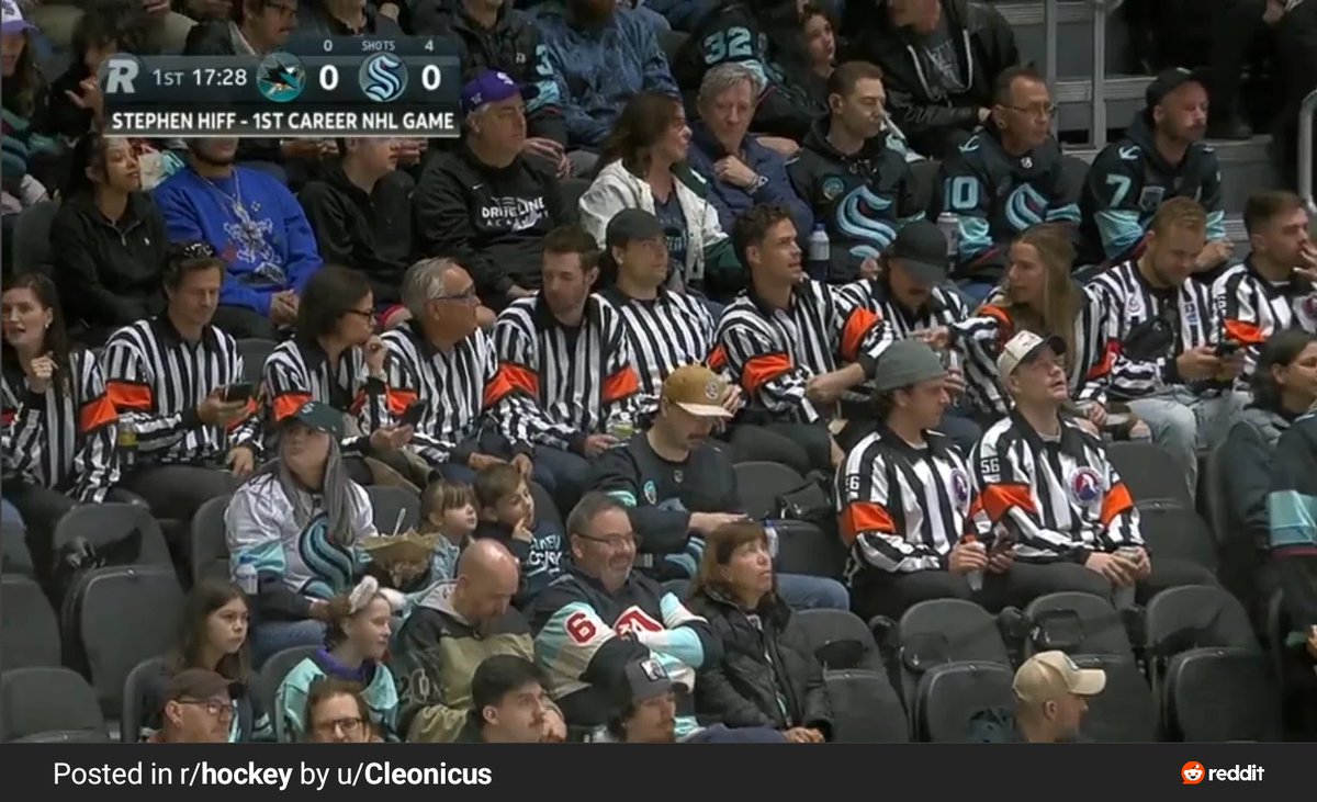 Referee Stephen Hiff with a bunch of friends and family in attendance - in stripes - for his NHL debut tonight: