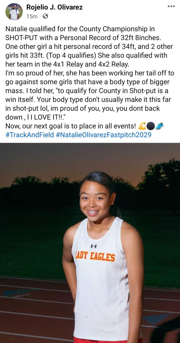 I qualified for The County Championship in Shot-put and with my team in the 4x1 Relay and 4x2 Relay #NatalieOlivarezFastpitch2029 #MultiSportAthlete