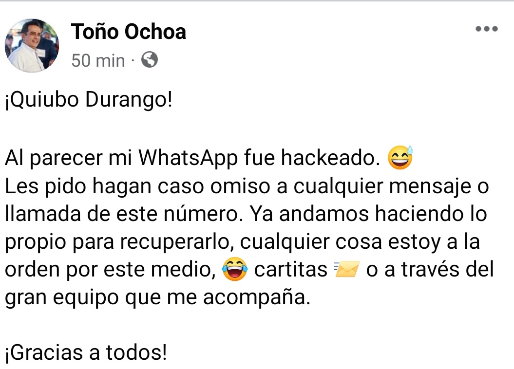 EnfoquePunto's tweet photo. #AlMomento @josejoseantonio  presidente municipal @DurangoCap da a conocer que su WhatsApp fue hackeado, información en proceso...... https://t.co/gZflsQ9N2V