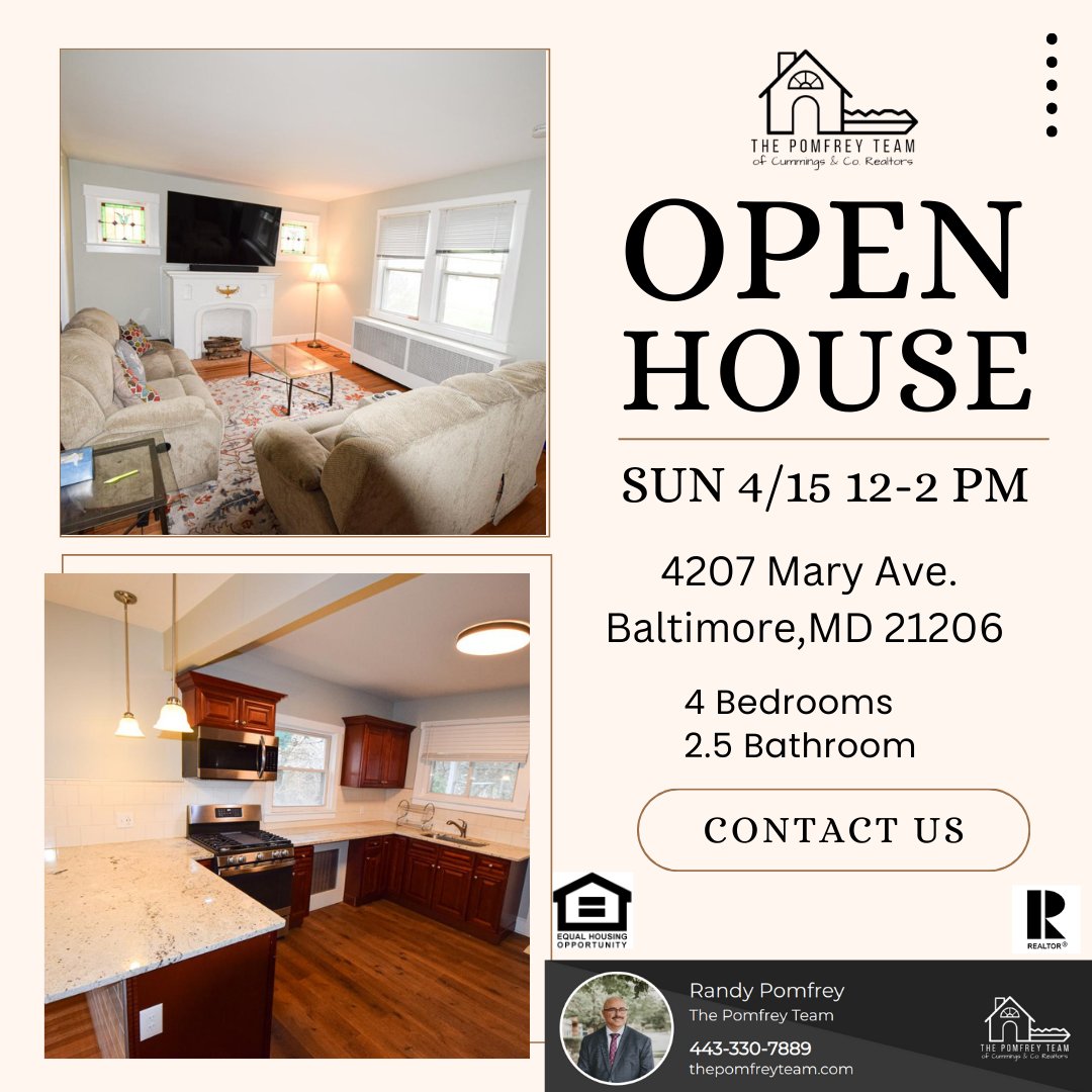 Open House 🚨 Sunday 4/14 12-2 pm 4207 Mary Ave Baltimore, MD 21206