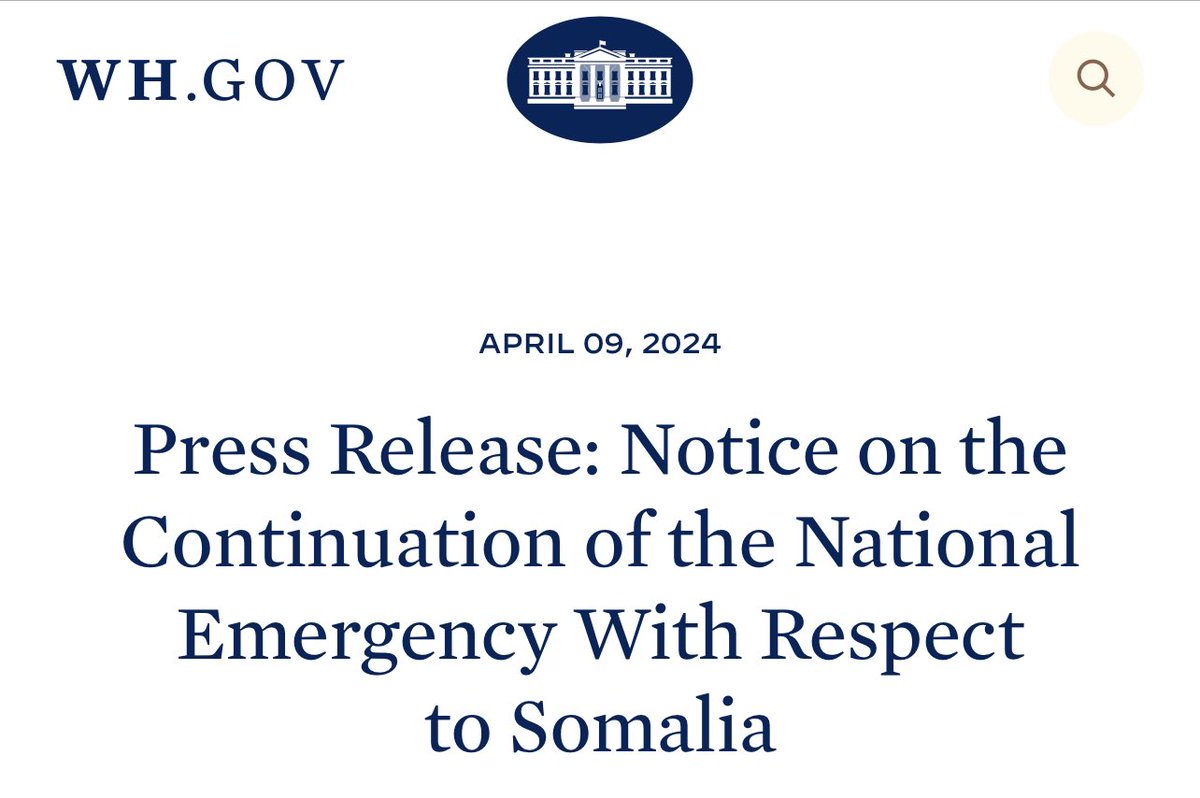 #BreakingNews: The US extends the national emergency related to Somalia, highlighting the country's persistent security crisis and alarming rise of Al-Shabab. This extension follows ongoing challenges, including revenue generation for al-Shabaab through charcoal exports &…