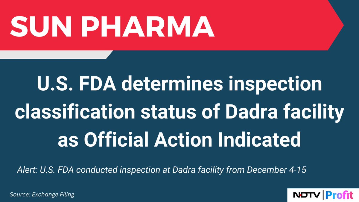 U.S. FDA determines inspection classification status of #SunPharma's Dadra facility as Official Action Indicated. For the latest news and updates, visit: ndtvprofit.com