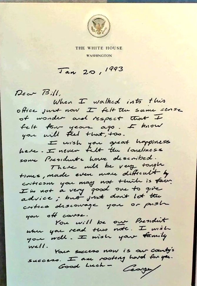 In 1993, outgoing President George H.W. Bush left this handwritten note in the White House for incoming President Bill Clinton.

A reminder that politics used to be civil.