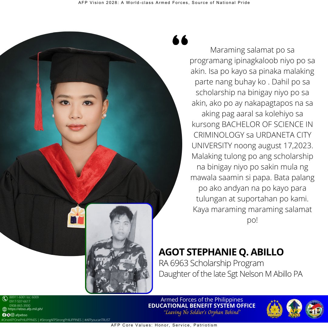 Shared by Ms. Agot Stephanie Q. Abillo, a #ProudAFPEBSOgrantee and daughter of the late Sgt Nelson M Abillo PA.

#OneAFPOnePHILIPPINES
#StrongAFPStrongPHILIPPINES
#AFPyoucanTRUST
#ihelpEBSO
#LeavingNoSoldiersOrphanBehind