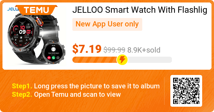 JELLOO Smart Watch With Flashlight, 1.45 Inch Touch Screen Smartwatch (Answer/Make Calls) For Men Fitness Tracker Watch Compatible With Android/iPhon// IOS 👉 -92% off discount+EXTRA 30% OFF❤️ 🎉 Exclusive deal[$7.19] -92% off 👉 item link: temu.to/m/uw0tsodnf5o