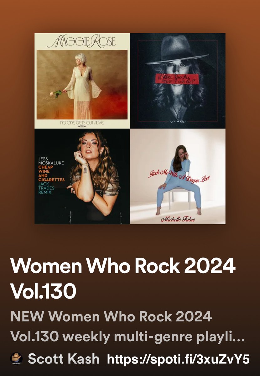 NEW #WomenWhoRock playlist with new releases by @IAmMaggieRose @ZZWard @jessmoskaluke @MichelleAFabre @Jtonez @meganknight20 @alexislynnmusic @mayamalkin @AlyssaMarieCoon +MORE #Spotify spoti.fi/3xuZvY5 #NewMusic2024 #MultiGenre @rt_tsb