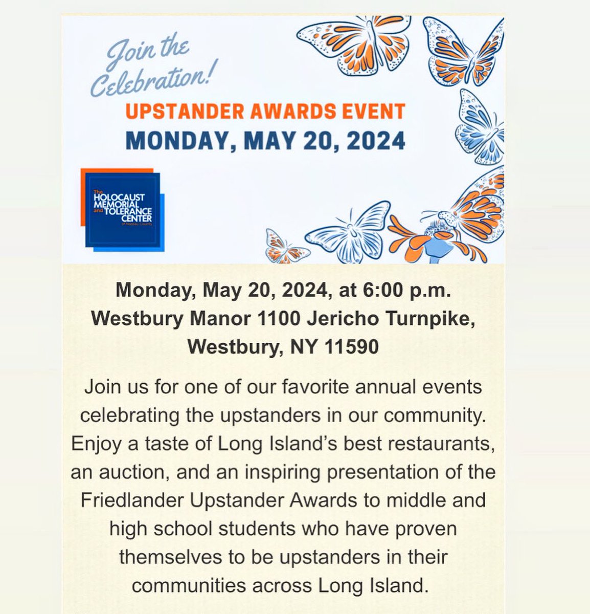 Join us Monday, May 20th at 6pm in Westbury! This is one of our favorite annual events celebrating local #upstanders. Tickets: interland3.donorperfect.net/weblink/weblin…