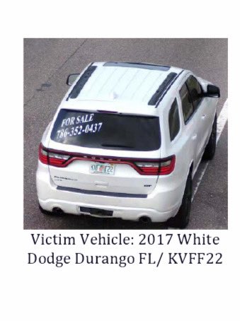 SeminoleSO's tweet photo. ***Be on the Lookout: Driver and Vehicle Missing from Possible Carjacking***
 
Just before 6:00 p.m. this evening (April 11, 2024), a witness recorded a possible carjacking in progress at the intersection of East Lake Drive and Tuskawilla Road in the Winter Springs area of unincorporated Seminole County. In the video, an armed suspect, believed to be a white or Hispanic male, in a black hoodie, what appears to be a Halloween mask, and dark clothing can be seen pointing a weapon at the driver of a white Dodge Durango, (Florida’s License Plate KVFF22) and then getting in the back driver’s side door. The Durango has “For Sale” and a phone number written in plain view on the back window. A second suspect, also believed to be a white or Hispanic male, drove immediately behind the Durango that the armed subject exited in a green Acura sedan with an obscured license plate.
 
The victim is Katherine Altagracia Guerrero De Aguasvias, 31, of Homestead, FL.
 
If spotted, do not approach the vehicle and immediately Dial 911. Anyone with information related to the incident is asked to contact the Seminole County Sheriff’s Office.

Please do not provide tips via comments or messages.