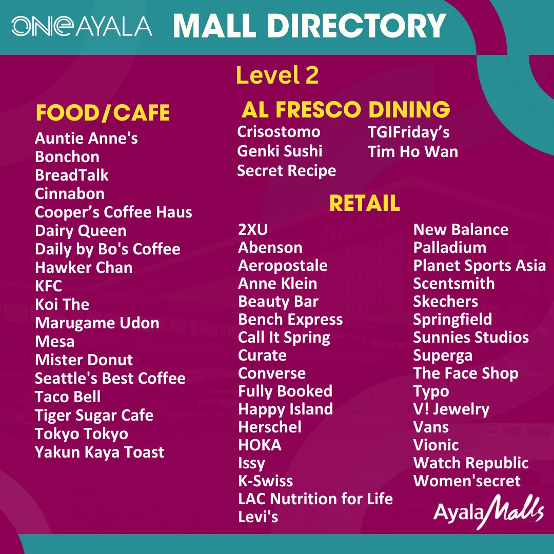oneayala_'s tweet photo. Check out #OneAyala’s updated mall directory! Let this guide you on your #OneStopAdventure filled with shopping, dining, and entertainment! 📖✨
📍 #1 Ayala Avenue cor. EDSA, Ayala Center, Makati
🅿️ Parking entrance is at East St. / Ayala Avenue
#WeAreONE https://t.co/eK1qymNE69