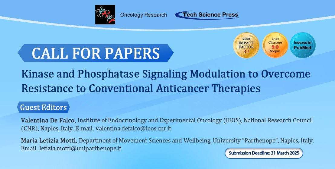 📢 Oncology Research new special issue 'Kinase and Phosphatase Signaling Modulation to Overcome Resistance to Conventional Anticancer Therapies' is open!🔔 For more details: techscience.com/or/special_det…