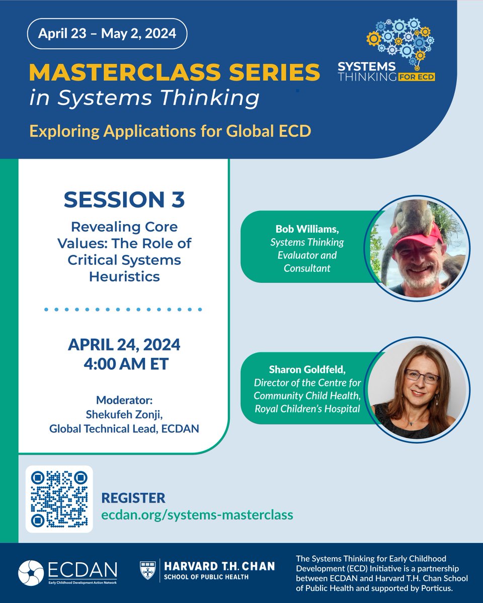 Register Now for our #Masterclass session on Revealing Core Values: The Role of Critical Systems Heuristics 4.24, led by Bob Williams, evaluator/consultant, @sharon_goldfeld, @RCHMelbourne; part of a free 14-session series w/ 20+ global experts ecdan.org/session3-event/