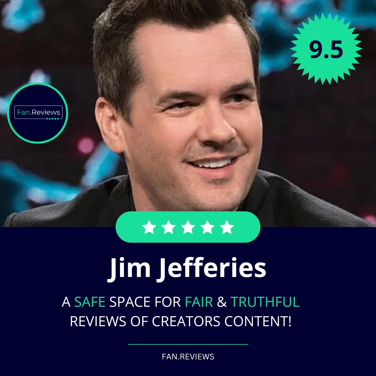 Congratulations to .@jimjefferies for having a 9.5 rating on FanReviews. Check out the reviews on our site 🎉 FanReviews - A safe space for fair & truthful reviews of Creator content! 💯 Profile link:👉fan.reviews/creator/comedy…
