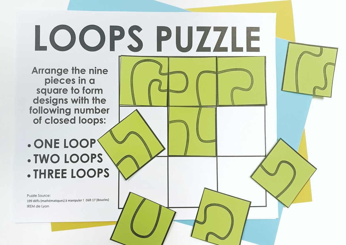 Loops Puzzle - one of my favorite new puzzle finds of this school year! Can you arrange the pieces to form a 3x3 square with one closed loop? How about two loops? Or three loops? Another great puzzle from IREM de Lyon! mathequalslove.net/loops-puzzle/ #mtbos #iteachmath