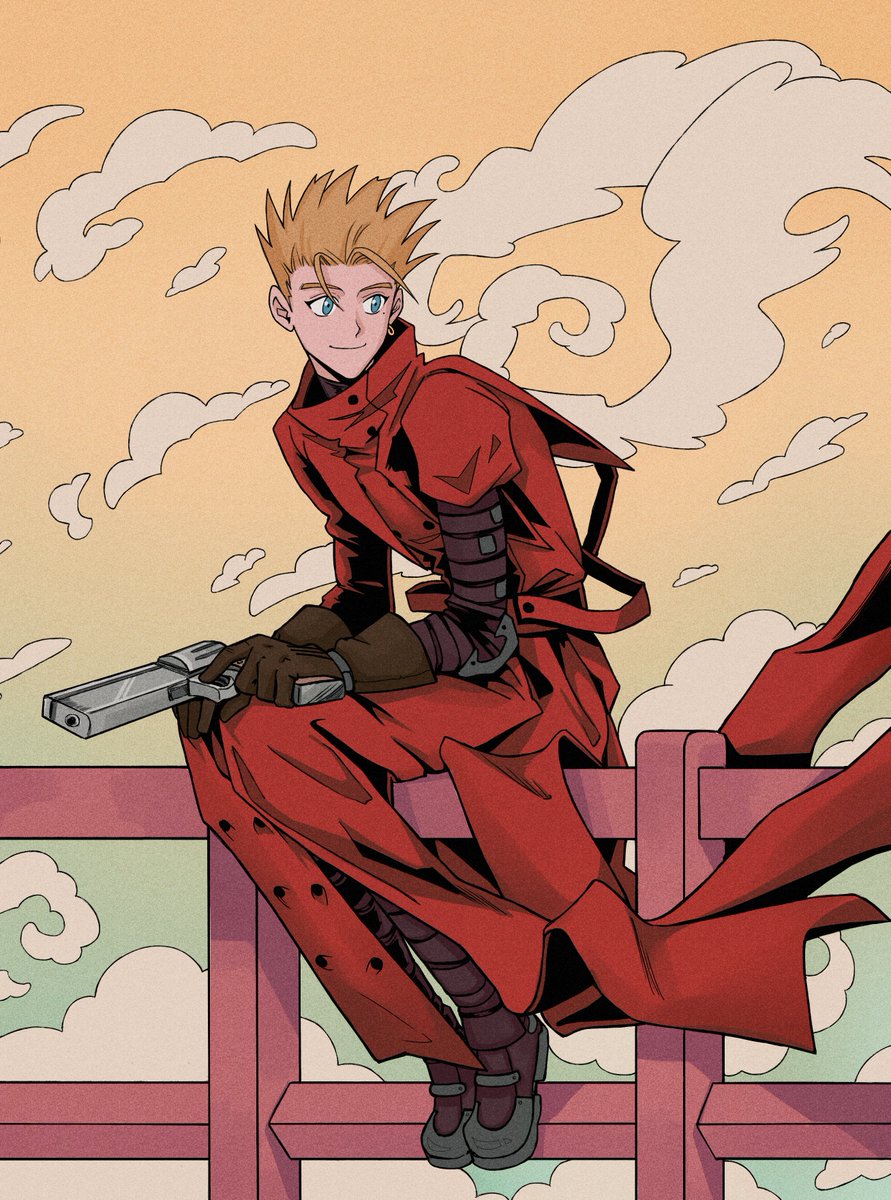 vash the stampede solo smile short hair blue eyes blonde hair long sleeves 1boy  illustration images