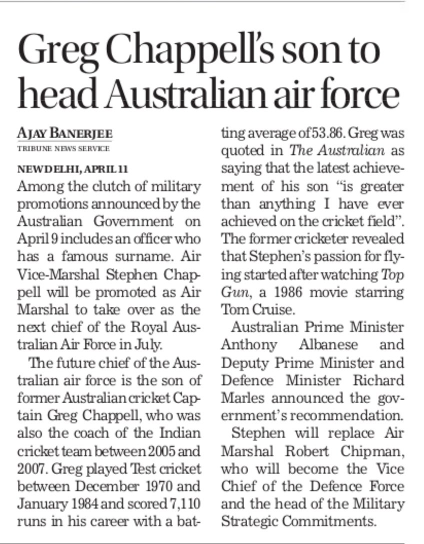 @AusAirForce gets a new chief AVM Stephen Chappell to be promoted and to take over as chief. He has a rather famous surname -- he is the son of cricketer Greg Chappel @CricketAus @thetribunechd Text 👇 tribuneindia.com/news/india/gre…