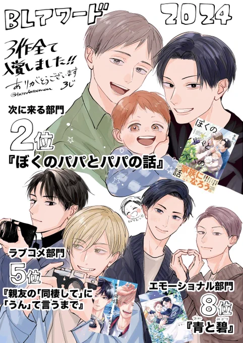 BLアワード2024で3作品全て入賞しました!

次に来る部門2位『ぼくのパパとパパの話』
ラブコメ部門5位『親友の「同棲して」に「うん」て言うまで』
エモーショナル部門8位『青と碧』

掲載分以外のコメントも全て読みました。応援ありがとうございます🎉
#BLアワード2024 