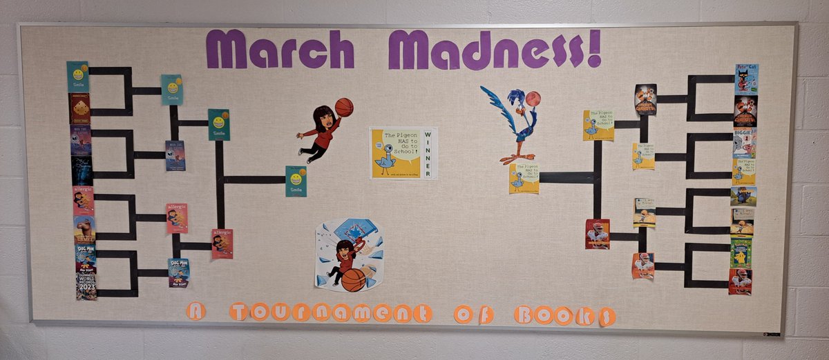 The Roadrunners have spoken and the March Madness Tournament of Books Winner for 2024 is ... The Pigeon HAS to Go School. I loved hearing their predictions and discussing the wins and upsets with all the kids. @angiewiegers @MBRoadrunners #nkclibraries