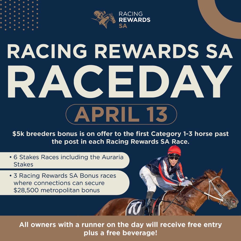 Auraria Stakes Day keeps getting bigger and better 🔥 Racing Rewards SA are putting big money on the line for eligible horses across each Racing Rewards race. Owners with a runner on the day will also receive free entry, plus a free drink!