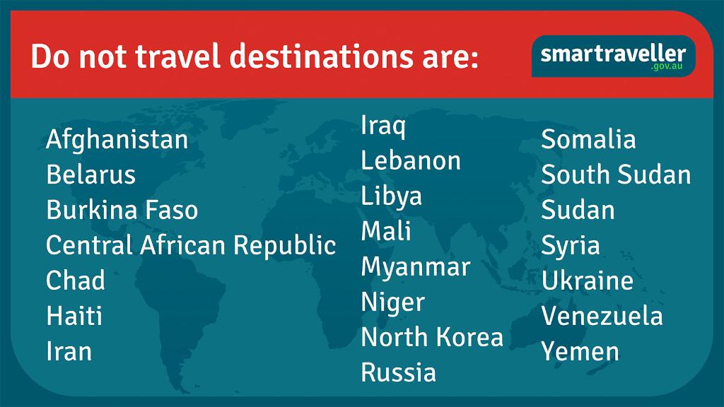 These destinations are currently 'Do not travel'. If, despite our advice, you travel to these locations, you're at a high risk of death, imprisonment, kidnapping or serious injury. If you're already in a level 4 destination, consider leaving if it's safe. smartraveller.gov.au/consular-servi…