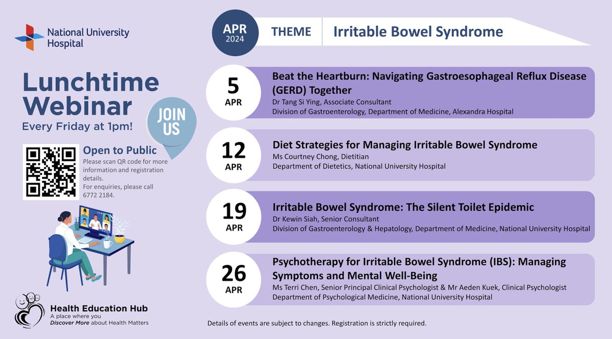 🗣 Join us for 4 public talks this #IBSAwarenessMonth! Raising awareness is crucial in the fight against IBS. Let's shed light on the true challenges of IBS and the #IBSdilemma. Together, we can make a difference! @NUSingapore @NUSMedicine @IFFGD @RomeFoundation @RomeGastroPsych