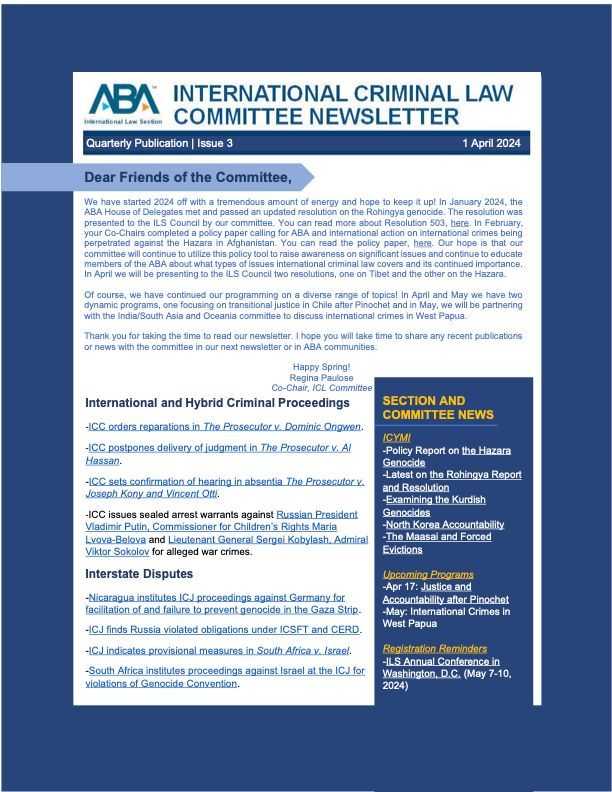 The April 1, 2024 issue of our Committee's quarterly newsletter is now available! Download your copy here: bit.ly/3PX0jeE
