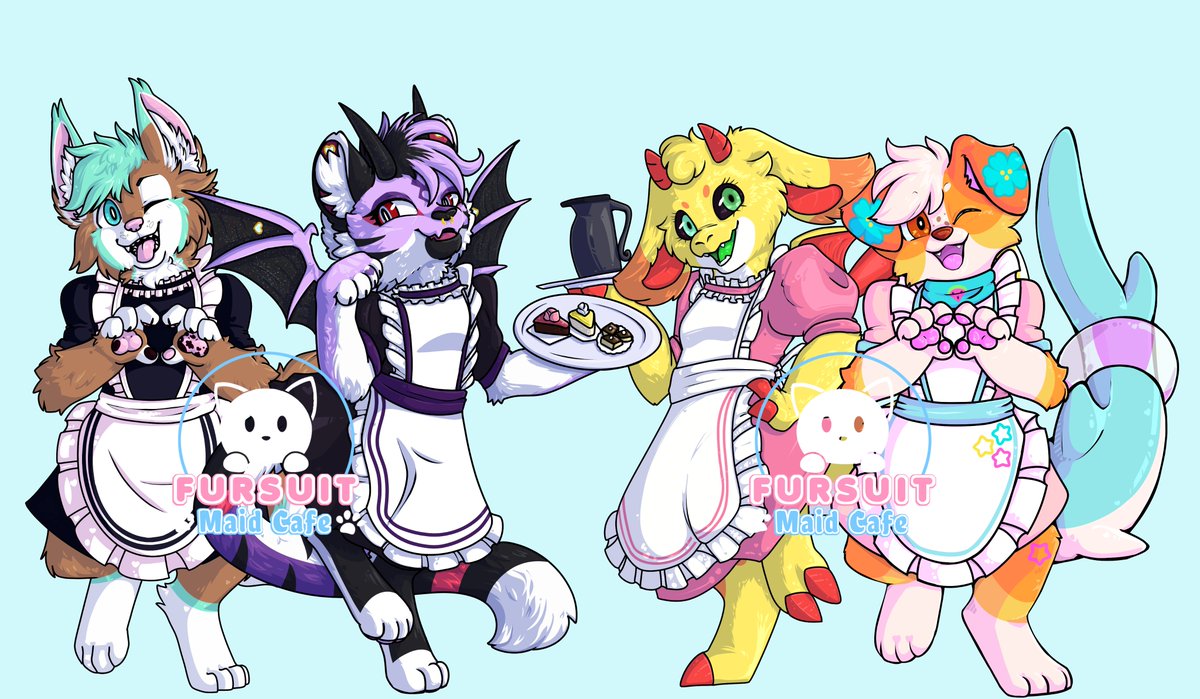 Artwork Done for the Fursuit Maid Cafe! You might recognize some of these characters if you were at @VancouFUR's Fursuit Maid Cafe this past march! Keep your eyes peeled because these guys will be available at merchandise through the Mirai Ko-Fi Shop! ko-fi.com/miraiwondercaf…