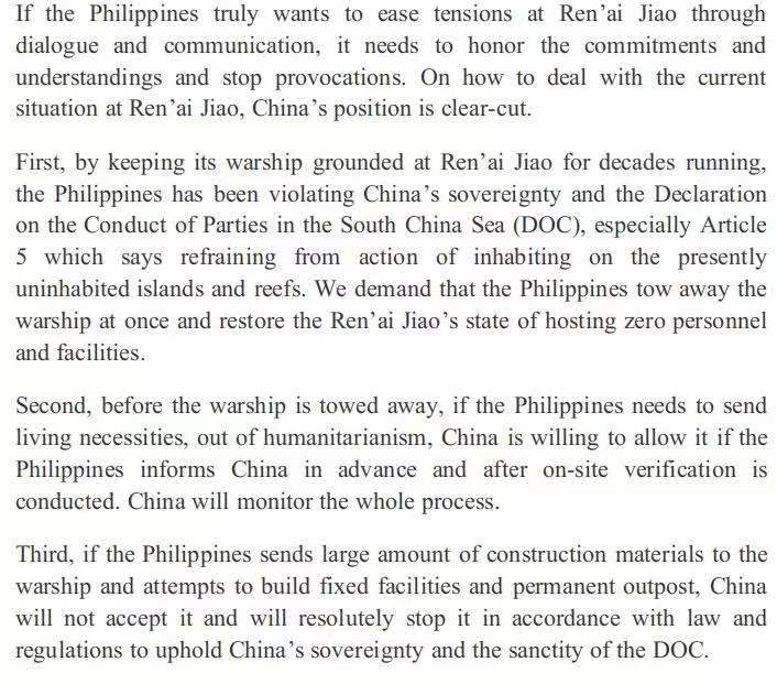 Chinese Foreign Ministry Spokesperson: If the Philippines truly wants to ease tensions at Ren’ai Jiao through dialogue and communication, it needs to honor the commitments and understandings and stop provocations.